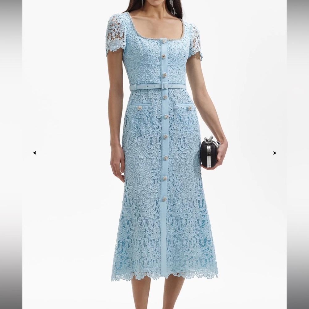Self-Portrait Lace Button Midi Dress in Sky Blue